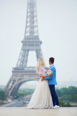 Just married couple near the Eiffel tower in Paris clipart