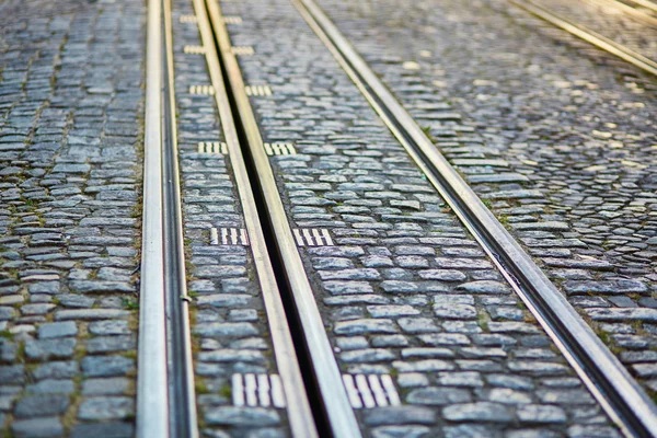 Closeup of tram rails in Lisbon — Stock Photo, Image