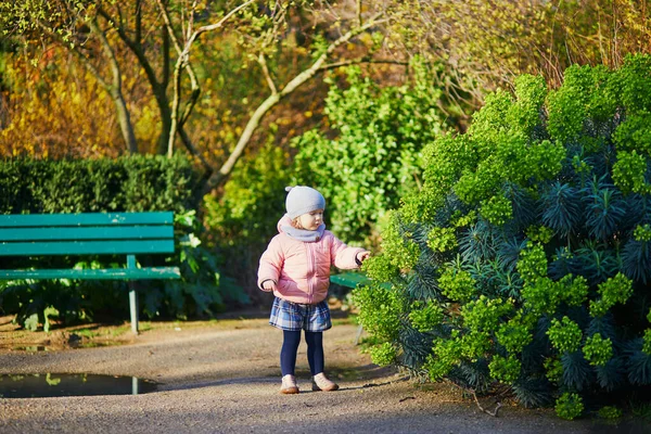 Imádnivaló Kislány Séta Parkban Egy Tavaszi Napon Párizs Franciaország — Stock Fotó
