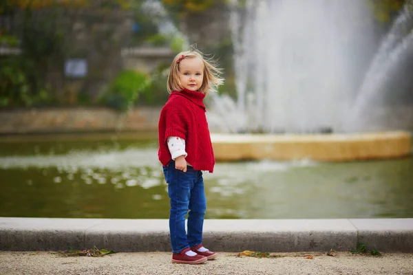 Adorable Toddler Girl Red Poncho Walking Autumn Park Happy Kid — Stock Photo, Image