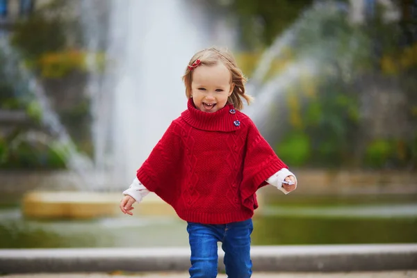 Adorable Toddler Girl Red Poncho Walking Autumn Park Happy Kid — Stock Photo, Image