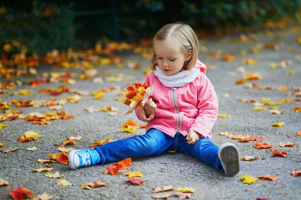 地面に座って秋の公園で落ち葉を集めている愛らしい幼児の女の子 フランスで秋の日を楽しんで幸せな子供 子供のための屋外活動 — ストック写真
