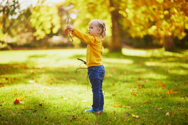 Αξιολάτρευτο Κοριτσάκι Που Παίζει Ξύλα Και Κίτρινα Πεσμένα Φύλλα Στο — Φωτογραφία Αρχείου
