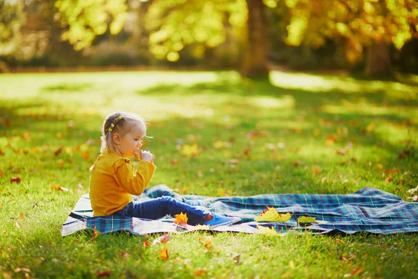 地面に座って秋の公園で軽食を食べている愛らしい幼児の女の子 秋の日にピクニックを楽しむ幸せな子供 子供のための屋外活動 — ストック写真
