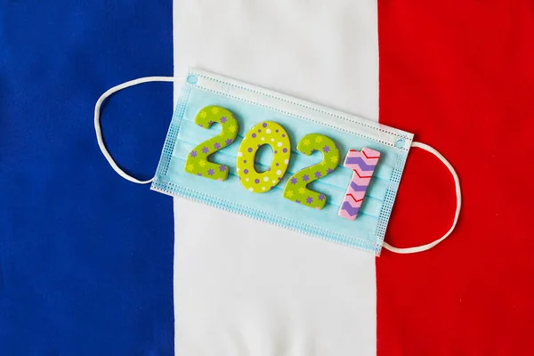 Gezichtsmasker Met 2021 Cijfers Franse Vlag Seizoensvakanties Tijdens Uitbraak Van — Stockfoto