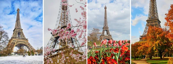 Kolaż Czterech Zdjęć Wieży Eiffla Różnych Porach Roku Francja Zimie — Zdjęcie stockowe