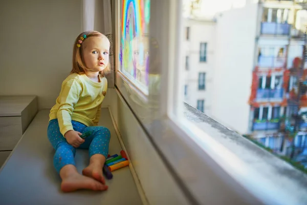 Adorable Toddler Girl Drawing Rainbow Window Glass Sign Hope Creative — Stock Photo, Image