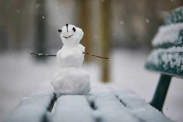 Kleine Sneeuwpop Met Vrolijk Gezicht Een Bank Bedekt Met Sneeuw — Stockfoto