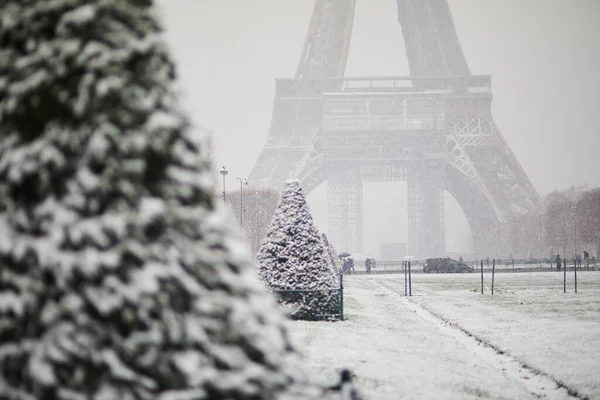 Vue Panoramique Sur Tour Eiffel Lors Une Journée Enneigée Conditions — Photo
