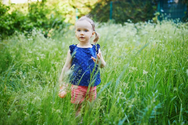 Adorable Petite Fille Marchant Dans Parc Forêt Enfant Qui Amuse — Photo