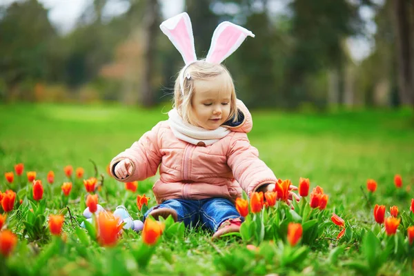 Cute little girl wearing bunny ears playing egg hunt on Easter. Toddler looking for colorful eggs in the gras. Little kid celebrating Easter outdoors in forest. Early Easter with cold weather