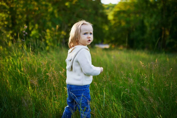 Adorable Toddler Girl Walking Park Forest Child Having Fun Outdoors — Stock Photo, Image