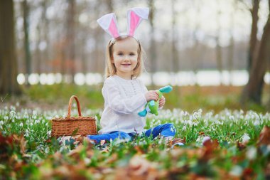 Tavşan kulaklı bir kız Paskalya 'da yumurta avı oynuyor. Bir sürü kartopu çiçeğiyle çimenlerde oturan ve renkli yumurtaları sepette toplayan bir çocuk. Paskalyayı dışarıda kutlayan küçük çocuk.