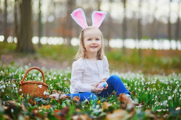 Tavşan kulaklı bir kız Paskalya 'da yumurta avı oynuyor. Bir sürü kartopu çiçeğiyle çimenlerde oturan ve renkli yumurtaları sepette toplayan bir çocuk. Paskalyayı dışarıda kutlayan küçük çocuk.