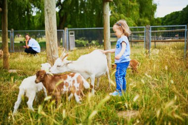 Çiftlikte keçilerle oynayan sevimli küçük kız. Çocuk kendini hayvanlara tanıtıyor. Küçük çocuklar için tarım ve bahçe işleri. Çocuklar için açık hava yaz aktiviteleri
