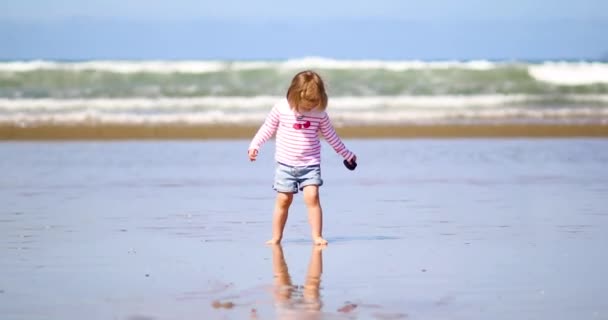 Adorabile Bambina Sulla Spiaggia Sabbia Sulla Costa Atlantica Della Bretagna — Video Stock