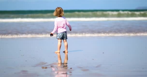 Adorable Niña Playa Arena Costa Atlántica Bretaña Francia Niño Pequeño — Vídeo de stock