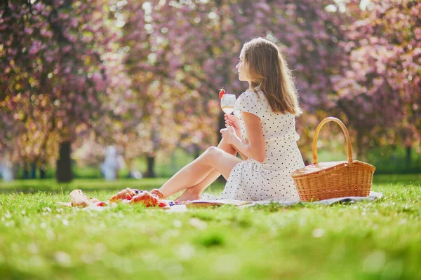 Gyönyörű Fiatal Piknik Napsütéses Tavaszi Nap Parkban Alatt Cseresznyevirág Szezon — Stock Fotó