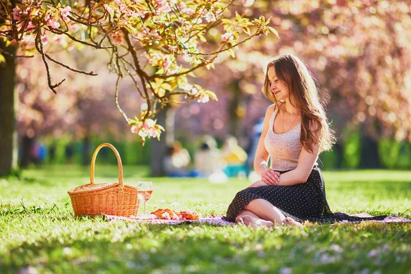 Beautiful Young Woman Having Picnic Sunny Spring Day Park Cherry — Stock Photo, Image