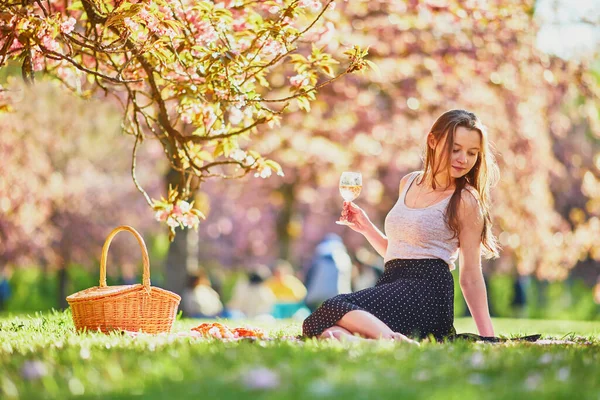Beautiful Young Woman Having Picnic Sunny Spring Day Park Cherry — Stock Photo, Image