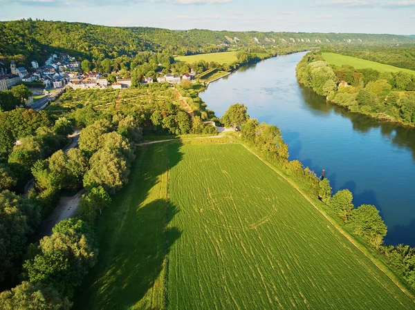 Scenic Aerial View Seine River Green Fields French Countryside Val — Stock Photo, Image