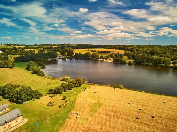 Flygfoto Över Betesmarker Och Jordbruksmark Bretagne Frankrike Vacker Fransk Landsbygd — Stockfoto