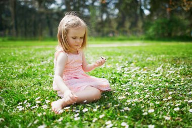 Pembe elbiseli sevimli üç yaşında bir kız. Papatya topluyor ve Fransa 'nın Paris yakınlarındaki Sceaux Park' ında güneşli bir bahar gününün tadını çıkarıyor.
