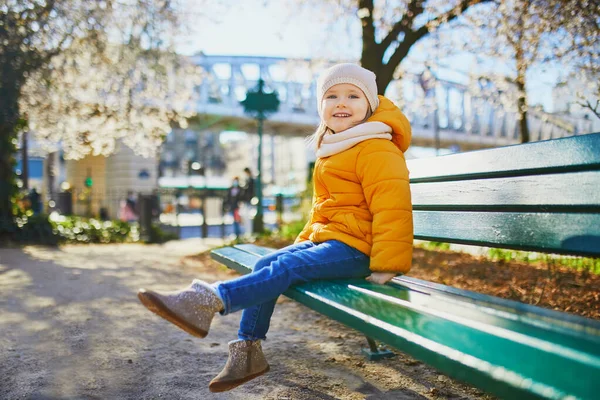 Happy Cheerful Toddler Girl Sitting Bench Street Paris France — Stock Photo, Image