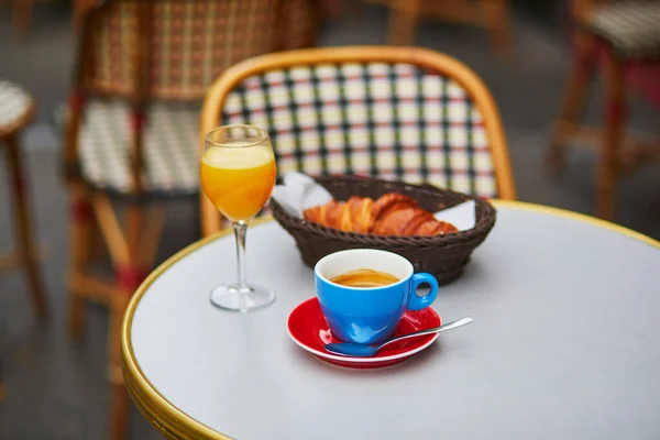 Cup Fresh Hot Coffee Orange Juice Traditional French Croissant Table — Stock Photo, Image