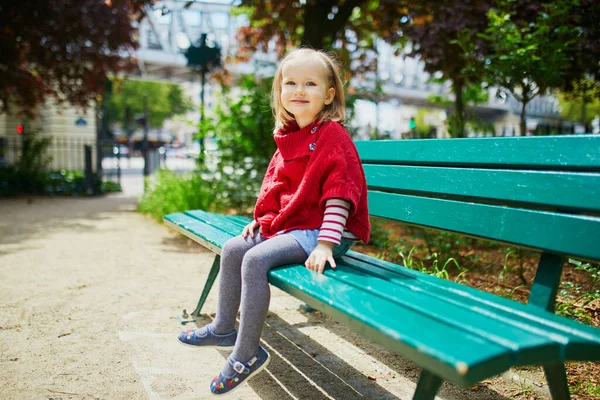 Adorable Three Years Old Girl Sitting Bench Street Paris France — Stock Photo, Image