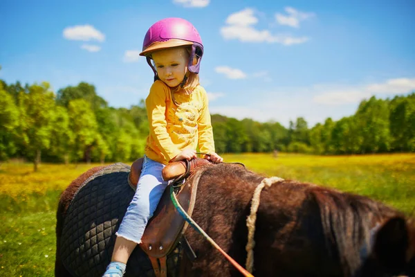 Adorable Fille Trois Ans Chevauchant Poney Petit Enfant Pratiquant Équitation — Photo