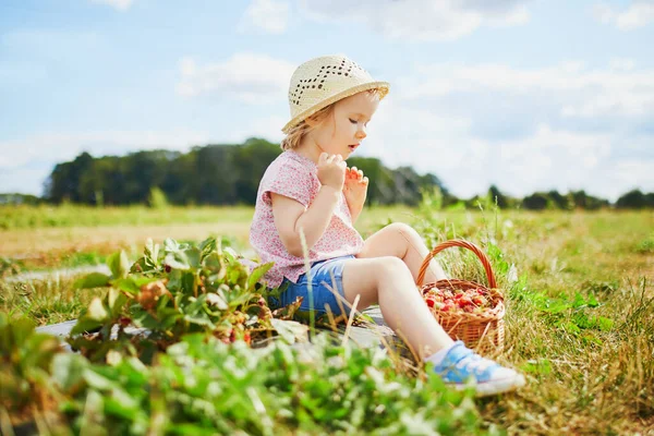 Adorable Niña Sombrero Paja Recogiendo Fresas Orgánicas Frescas Granja Delicioso —  Fotos de Stock