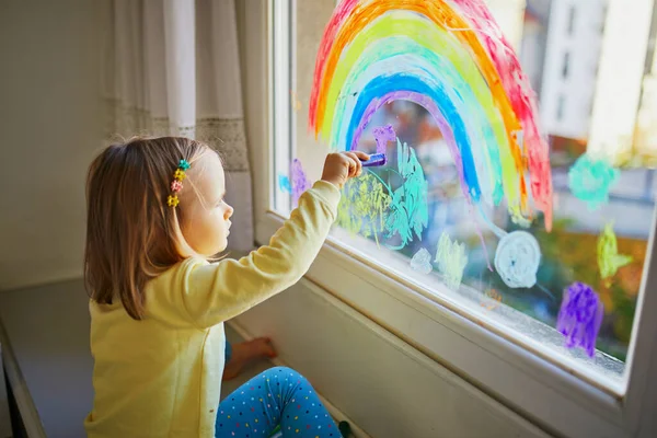 Adorable Toddler Girl Drawing Rainbow Window Glass Creative Games Activities — Stock Photo, Image