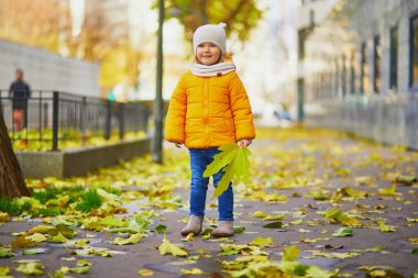 Güneşli bir sonbahar gününde, sonbahar parkında yürüyen sarı ceketli sevimli küçük kız. Mutlu çocuk Paris, Fransa 'nın bir caddesinde eğleniyor. Çocuklar için açık hava sonbahar aktiviteleri