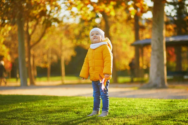 Menina Adorável Casaco Amarelo Andando Parque Outono Dia Ensolarado Outono — Fotografia de Stock