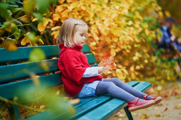 秋の晴れた日に公園を歩く赤いポンチョの愛らしい女の子 幸せな子供はパリ フランスの通りで屋外で楽しんでいます 子供のための屋外秋の活動 — ストック写真