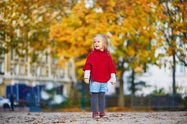 Schattig Klein Meisje Rode Poncho Wandelen Het Najaarspark Een Zonnige — Stockfoto