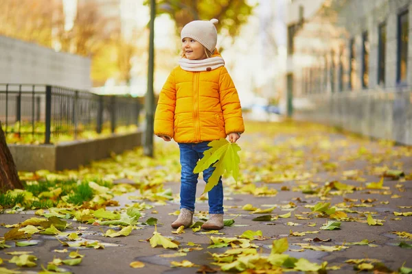 Menina Adorável Casaco Amarelo Andando Parque Outono Dia Ensolarado Outono — Fotografia de Stock