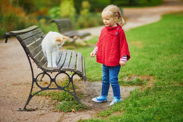 Roztomilé Batole Dívka Hrát Kočkou Podzimním Parku Šťastné Dítě Užívá — Stock fotografie