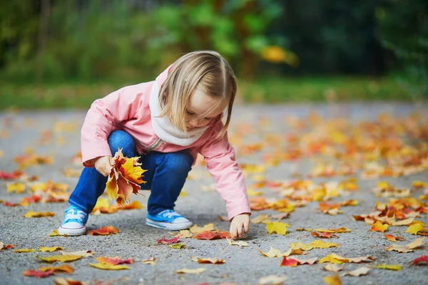 Entzückendes Kleinkind Das Auf Dem Boden Sitzt Und Herbstpark Umgefallenes — Stockfoto