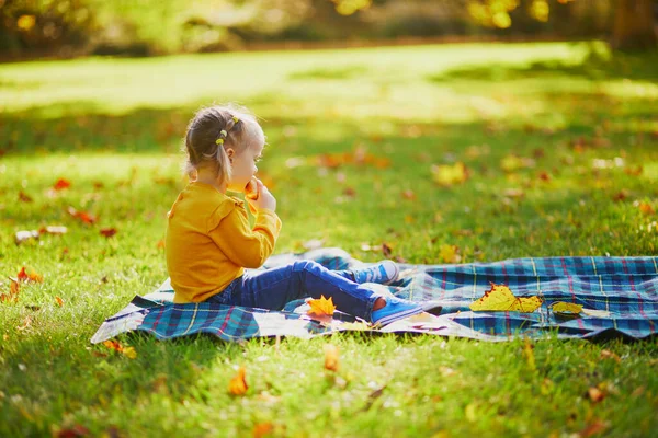 Adorable Niña Pequeña Sentada Suelo Haciendo Picnic Parque Otoño Niño —  Fotos de Stock