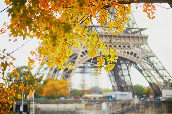 Widok Wieżę Eiffla Żółtymi Jesiennymi Liśćmi Jesień Paryżu Francja — Zdjęcie stockowe