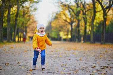 Güneşli bir sonbahar gününde, sonbahar parkında yürüyen sarı ceketli sevimli küçük kız. Mutlu çocuk Paris, Fransa 'nın bir caddesinde eğleniyor. Çocuklar için açık hava sonbahar aktiviteleri