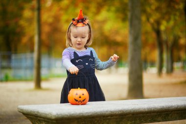 Siyah kedi kıyafetli, etekli, turuncu balkabağı kovalı, şeker mi şaka mı oynayan sevimli bir kız. Mutlu çocuk Paris, Fransa 'da Cadılar Bayramı' nı kutluyor