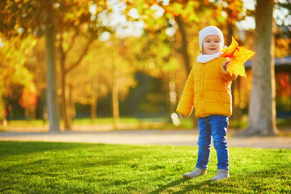 Menina Adorável Casaco Amarelo Andando Parque Outono Dia Ensolarado Outono — Fotografia de Stock
