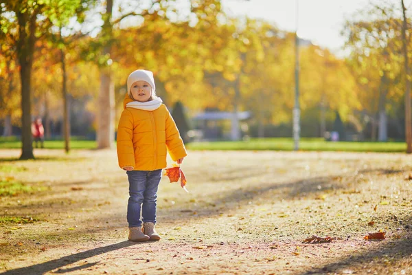 Adorable Little Girl Yellow Jacket Walking Autumn Park Sunny Fall — Stock Photo, Image
