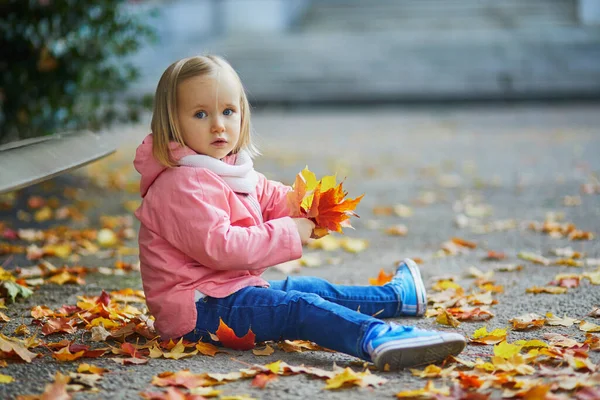 Urocza Dziewczynka Siedząca Ziemi Zbierająca Opadłe Liście Jesiennym Parku Szczęśliwy — Zdjęcie stockowe