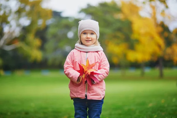 秋の公園で遊んでいる愛らしい幼児の女の子 明るい赤い葉で秋の日を楽しむ幸せな子供 子供のための屋外活動 — ストック写真