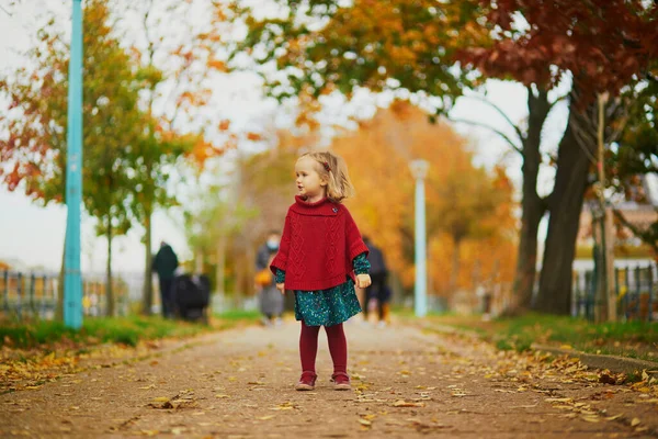 Menina Adorável Criança Brincando Parque Outono Paris França Miúdo Feliz — Fotografia de Stock