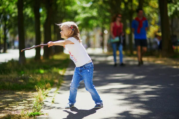 Adorable Preschooler Girl Playing Stick Sunny Street Outdoor Summer Activities — Stock Photo, Image